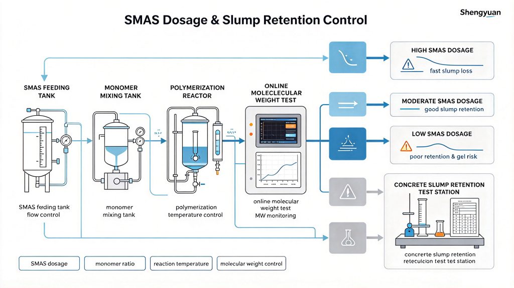 PCE Synthesis & Effect of SMAS Dosage on Slump Retention Vector Flowchart