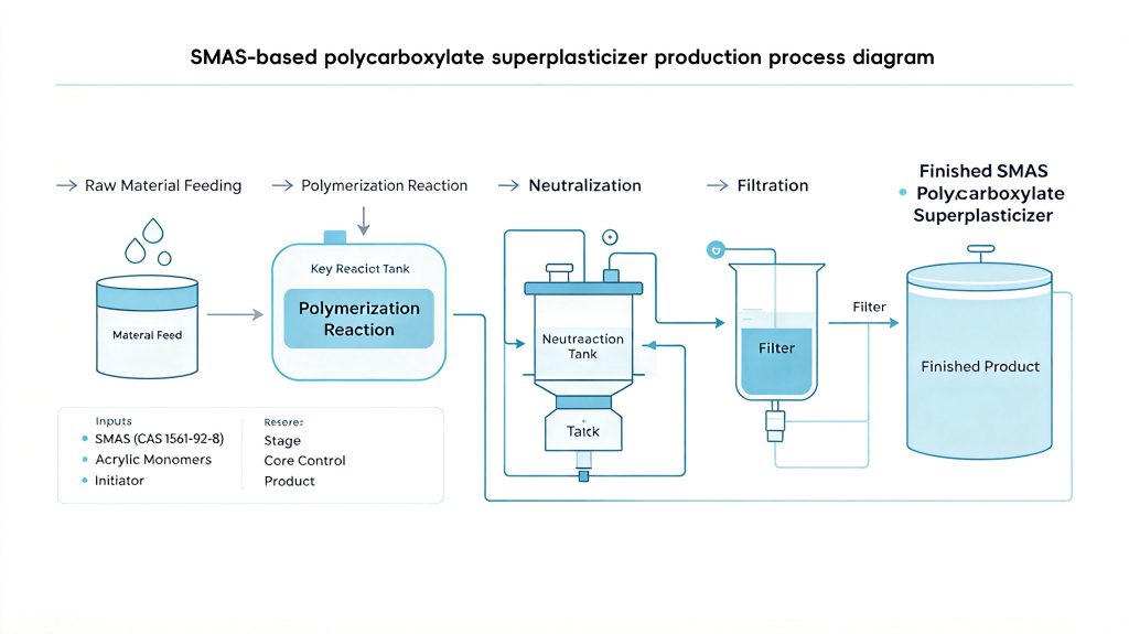 Production flowchart of SMAS polycarboxylate superplasticizer using sodium methallyl sulfonate CAS 1561-92-8