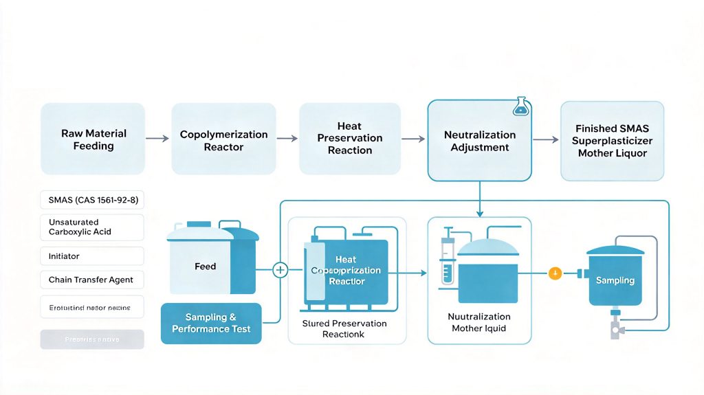 Production flowchart of SMAS-synthesized polycarboxylate mother liquor using sodium methallyl sulfonate CAS 1561-92-8