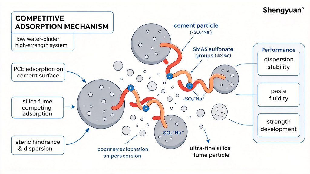 Schematic Diagram of PCE Adsorption on Cement and Silica Fume Particles
