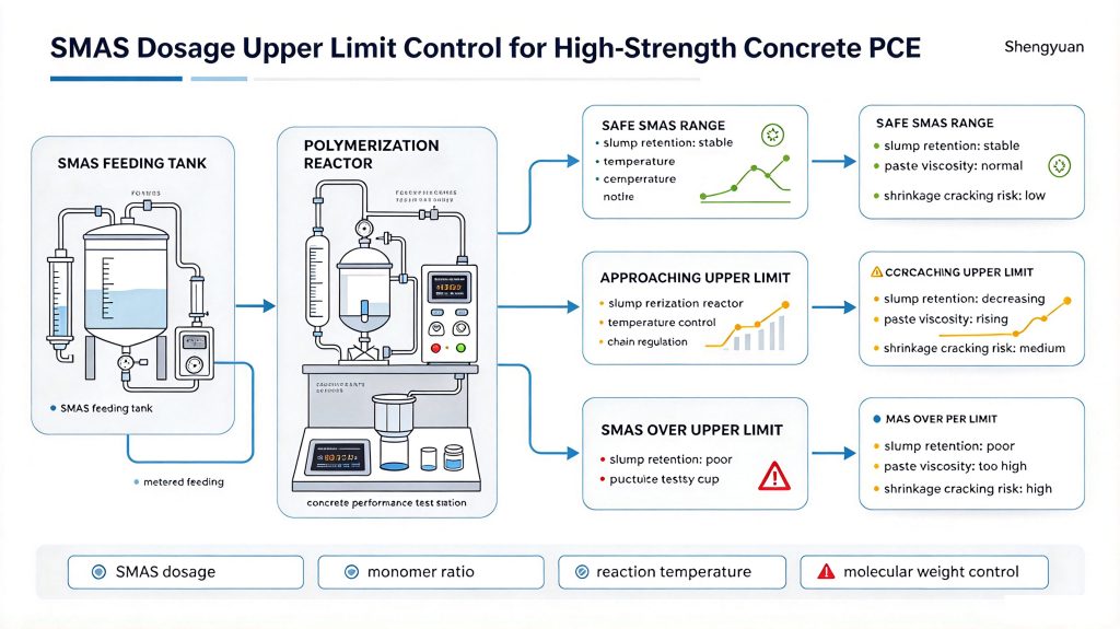 Vector Flowchart of SMAS Dosage Upper Limit Control for High-Strength Concrete PCE