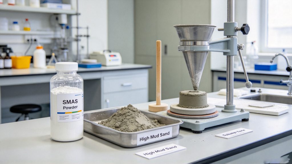concrete workability test scene, transparent bottle with SMAS powder, high mud sand sample beside slump test equipment